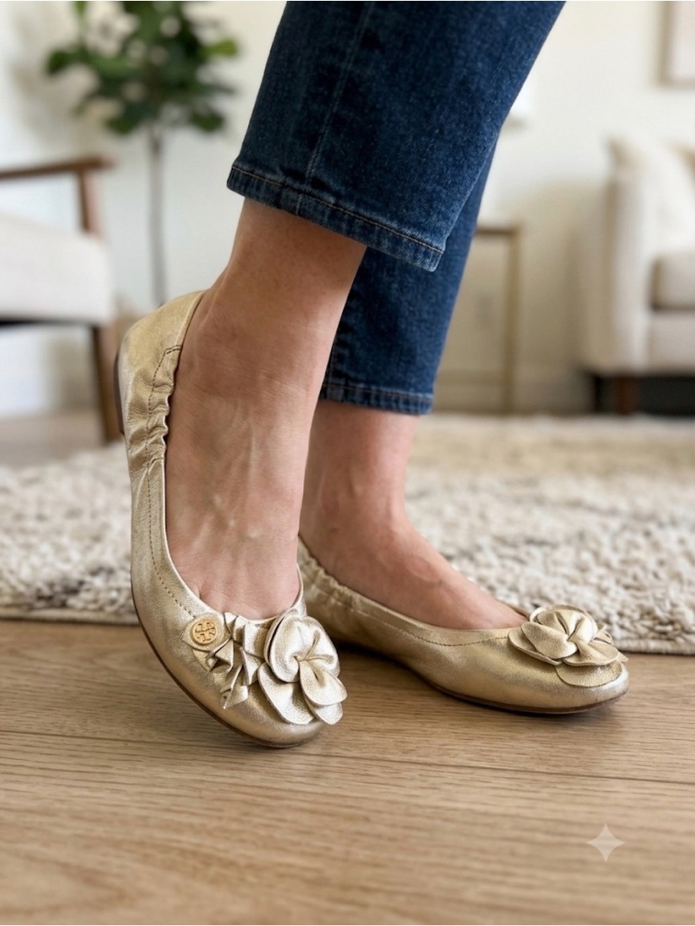 Tory Burch Metallic Gold Floral Ballet Flats